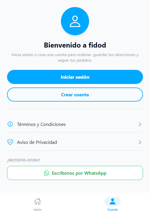 Pantalla Cuenta de Fidod: botones Iniciar sesión y Crear cuenta