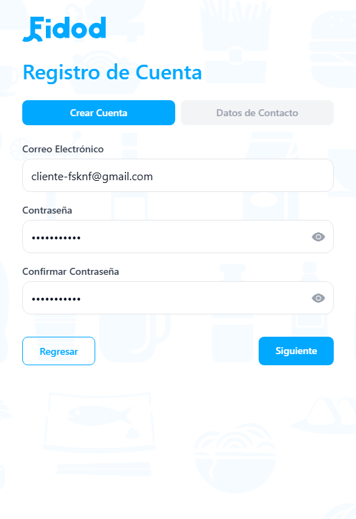 Registro Fidod paso Crear cuenta: correo y contraseña. El correo de la foto es solo ejemplo