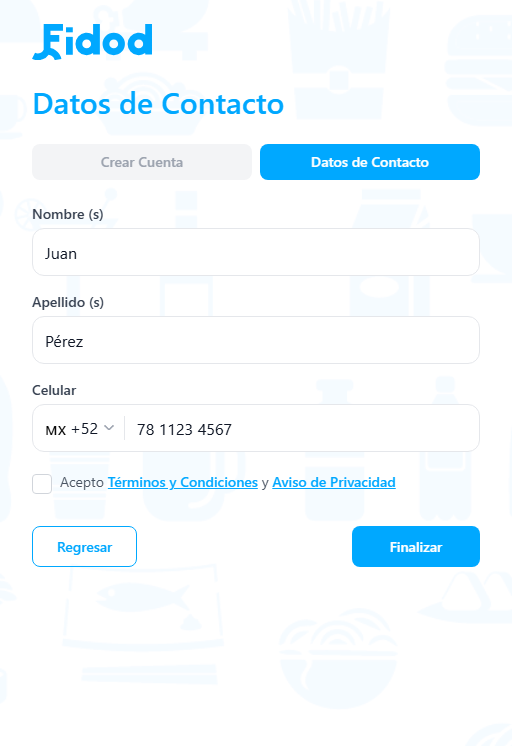 Registro Fidod paso Datos de Contacto: nombre, apellido y celular de ejemplo