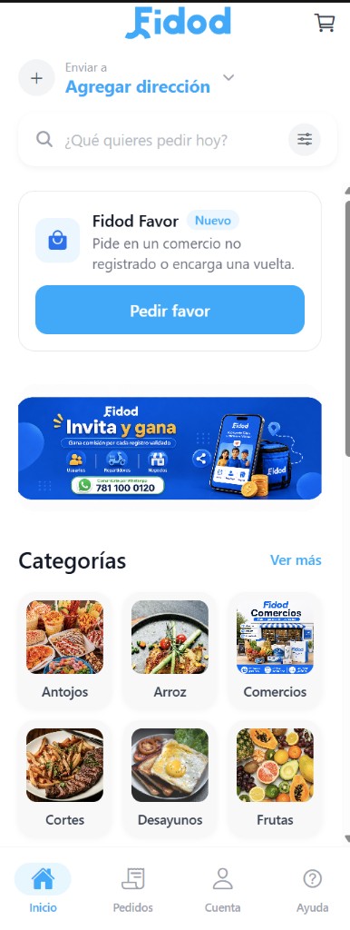 Inicio real de la app Fidod: Enviar a Agregar dirección, buscador, Fidod Favor, categorías y menú Inicio Pedidos Cuenta Ayuda