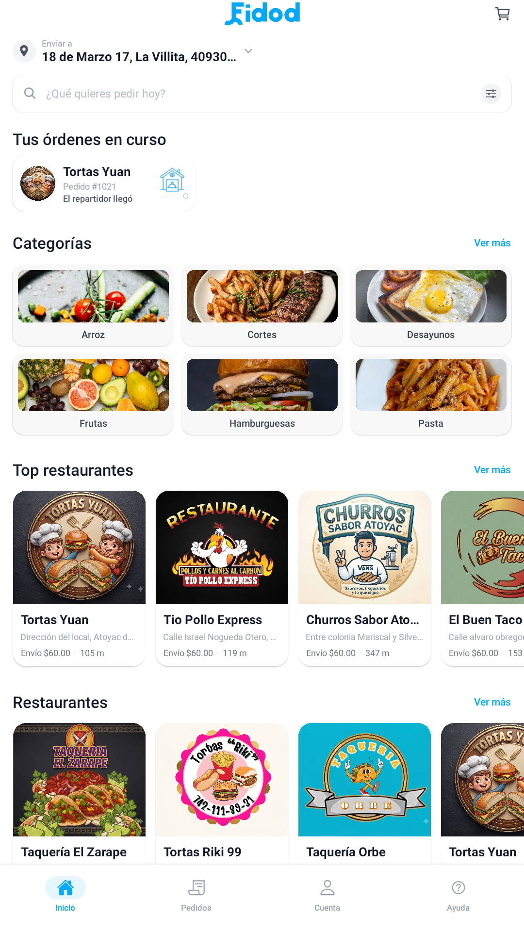 Pantalla real de la app cliente Fidod con comida, negocios y pedidos